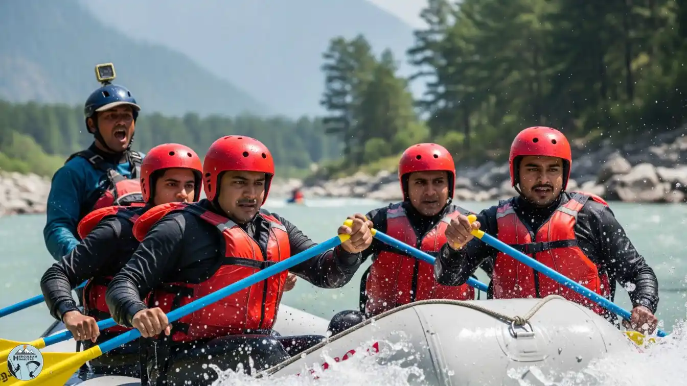 Group of adventure enthusiasts enjoying river rafting in Manali, wearing safety helmets and life jackets, paddling through rapids in the Beas River during the best rafting season.
